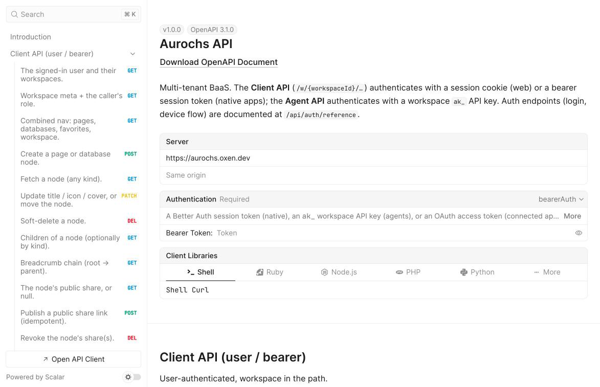 The generated OpenAPI reference for the Aurochs v1 API