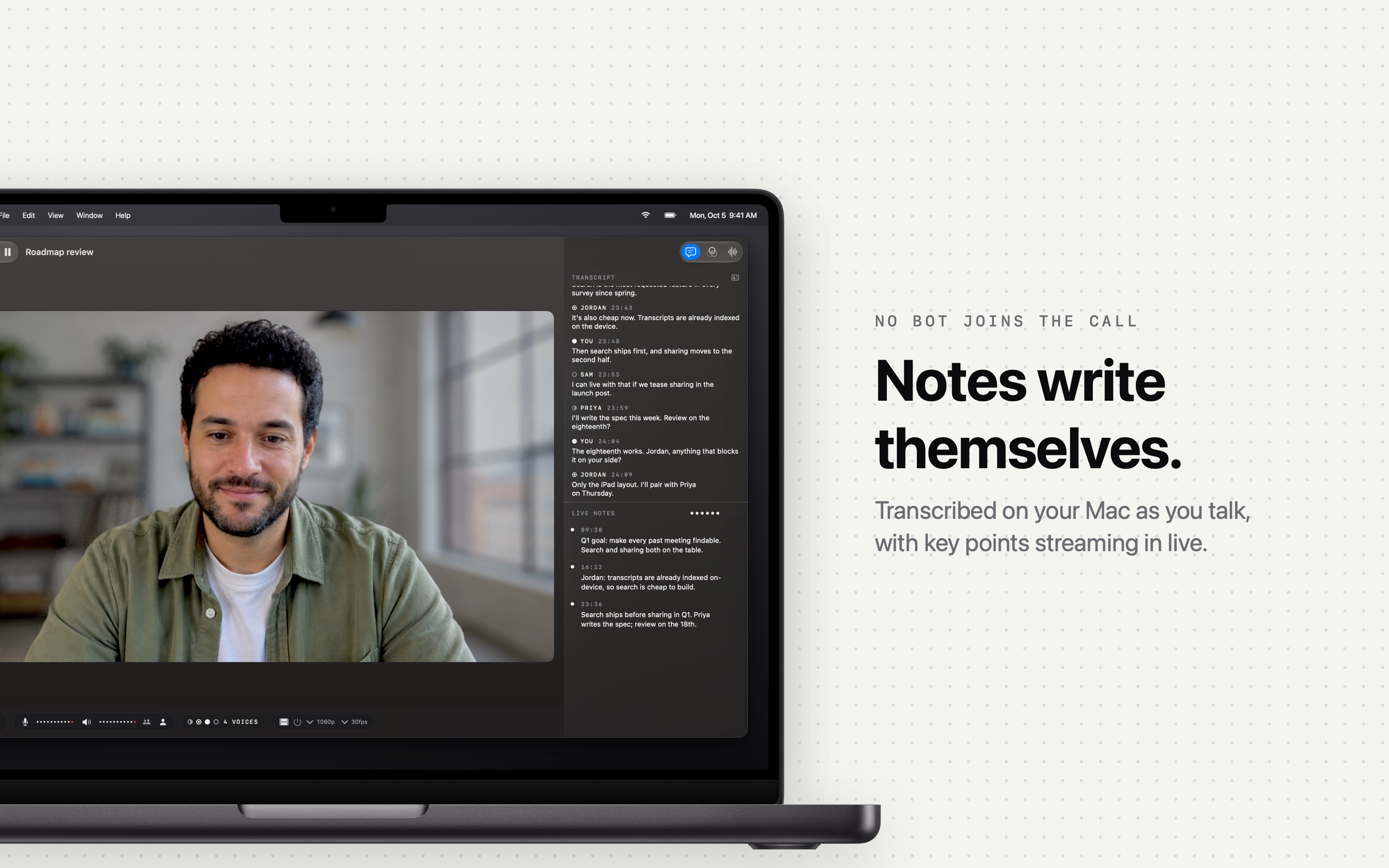 A live transcript and key points during a meeting