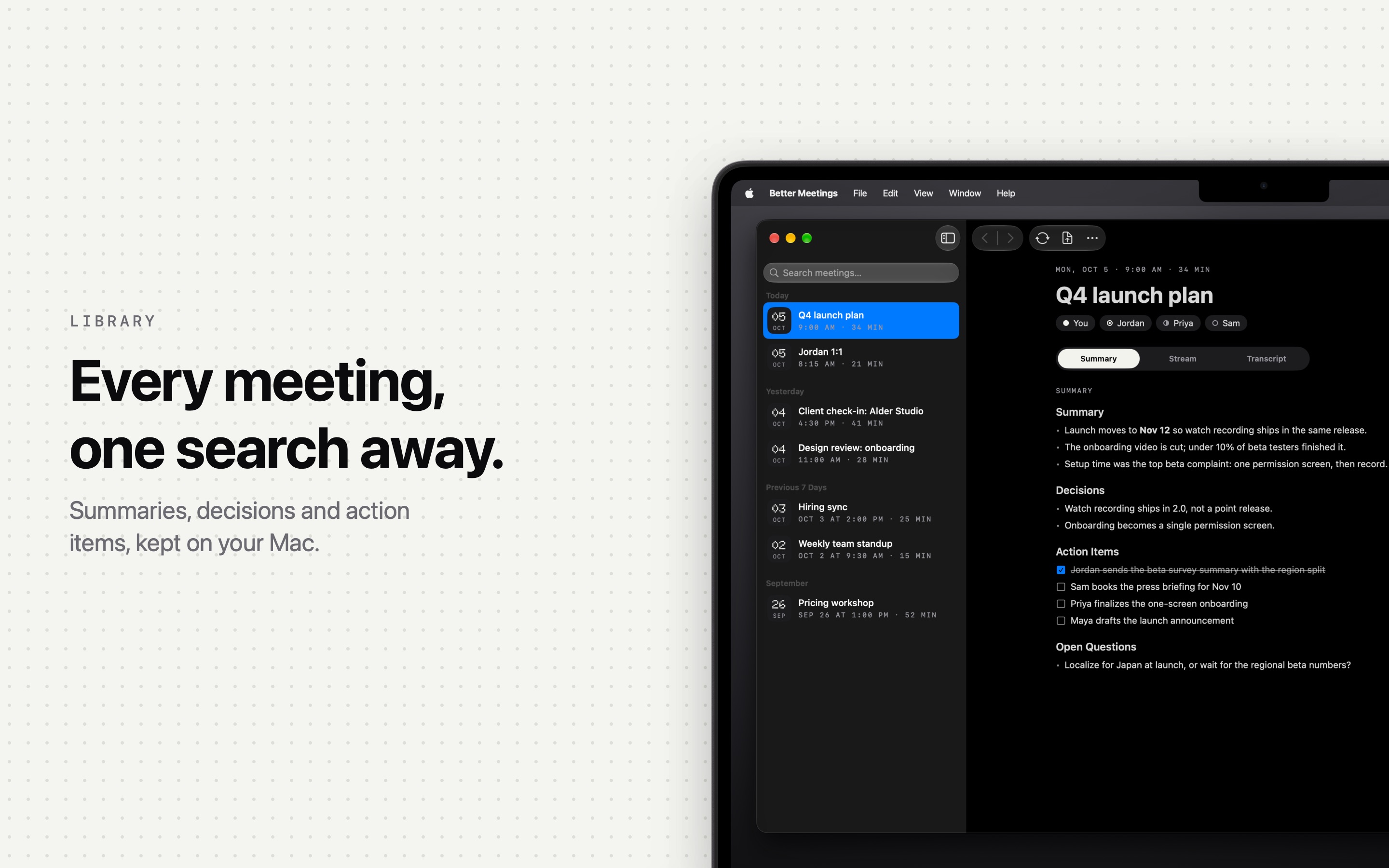 The meeting library, with summaries, decisions and action items