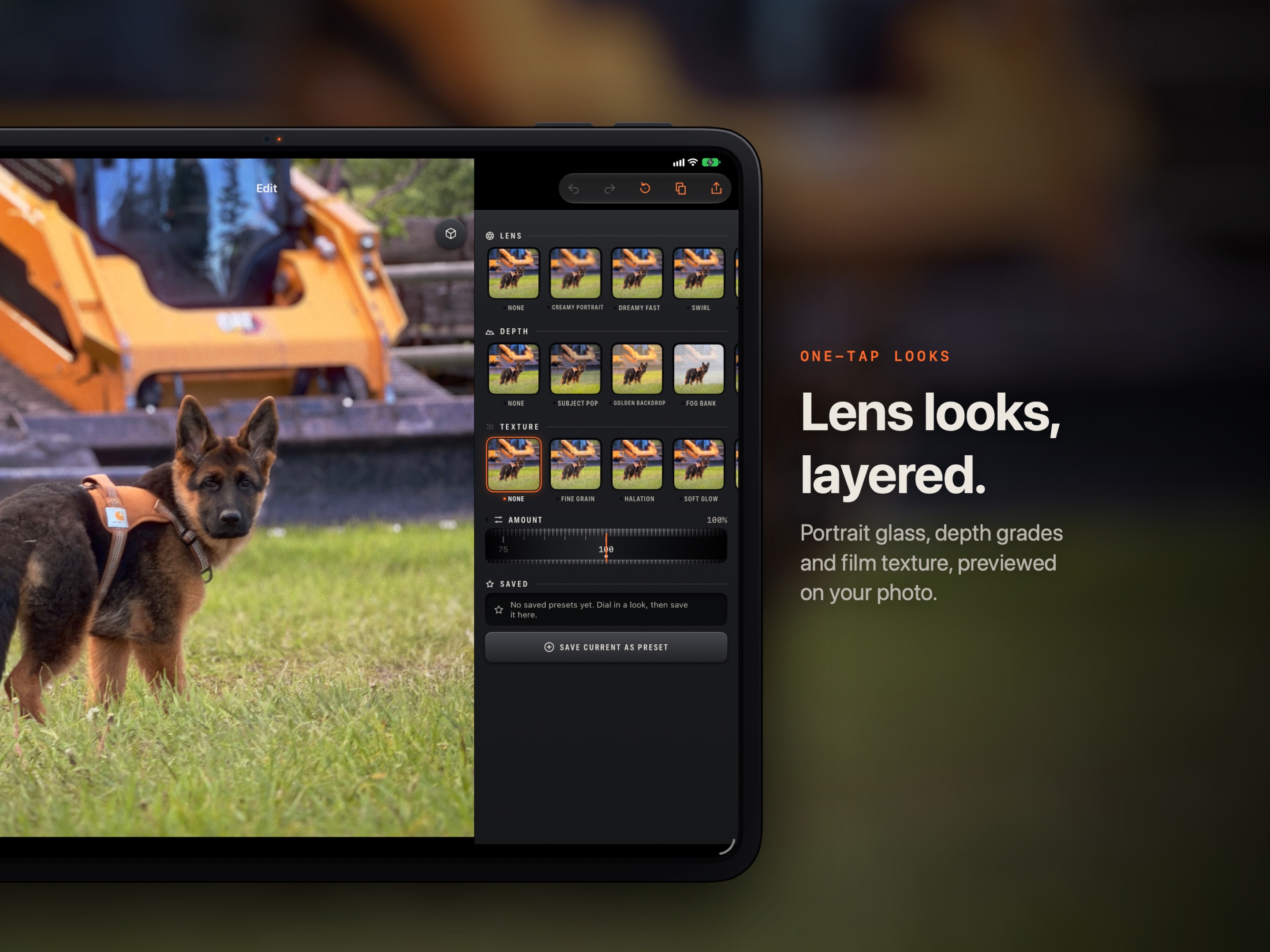 Layered lens, depth and film looks previewed on the photo