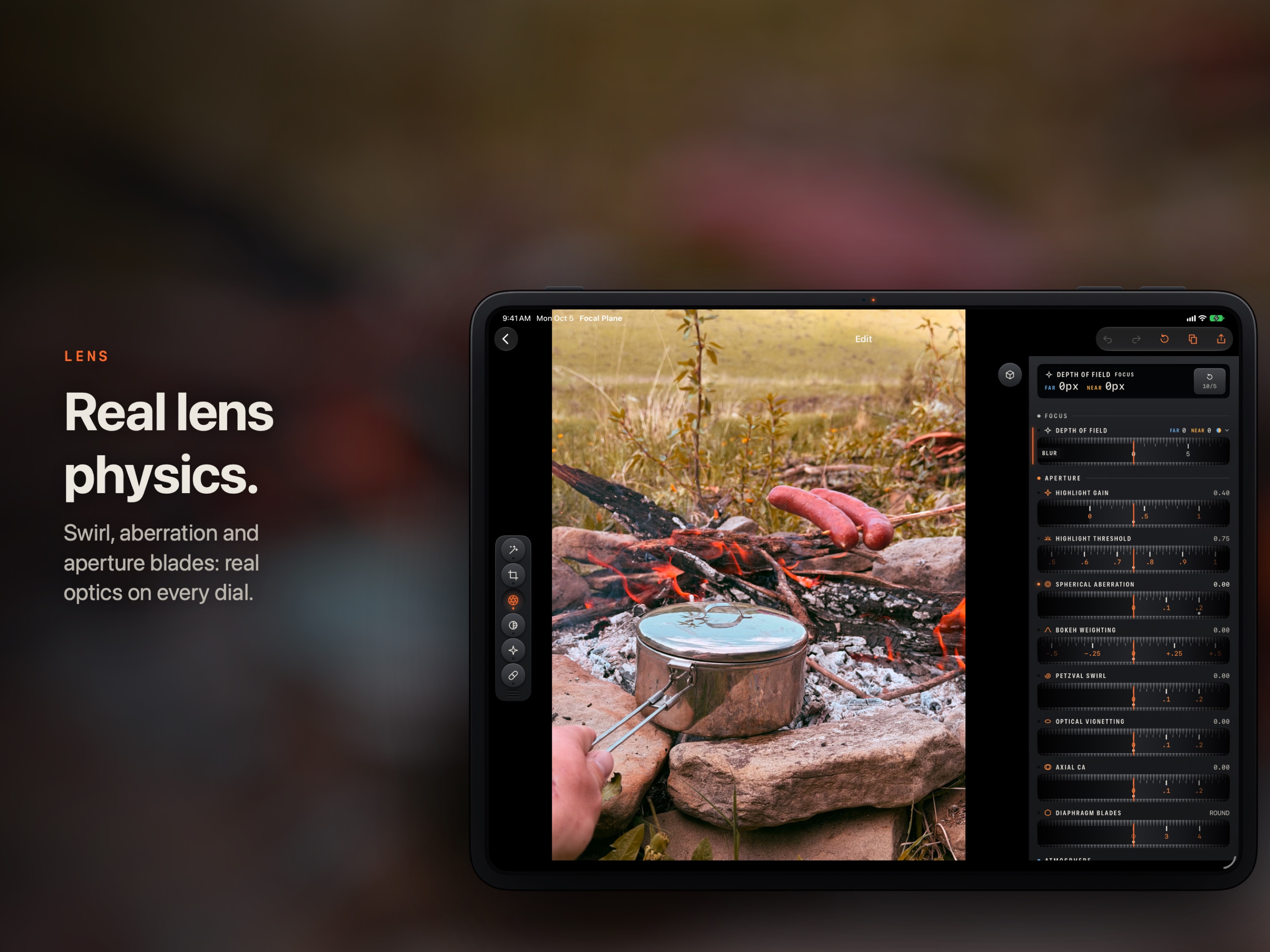 Lens controls for swirl, aberration and aperture blades