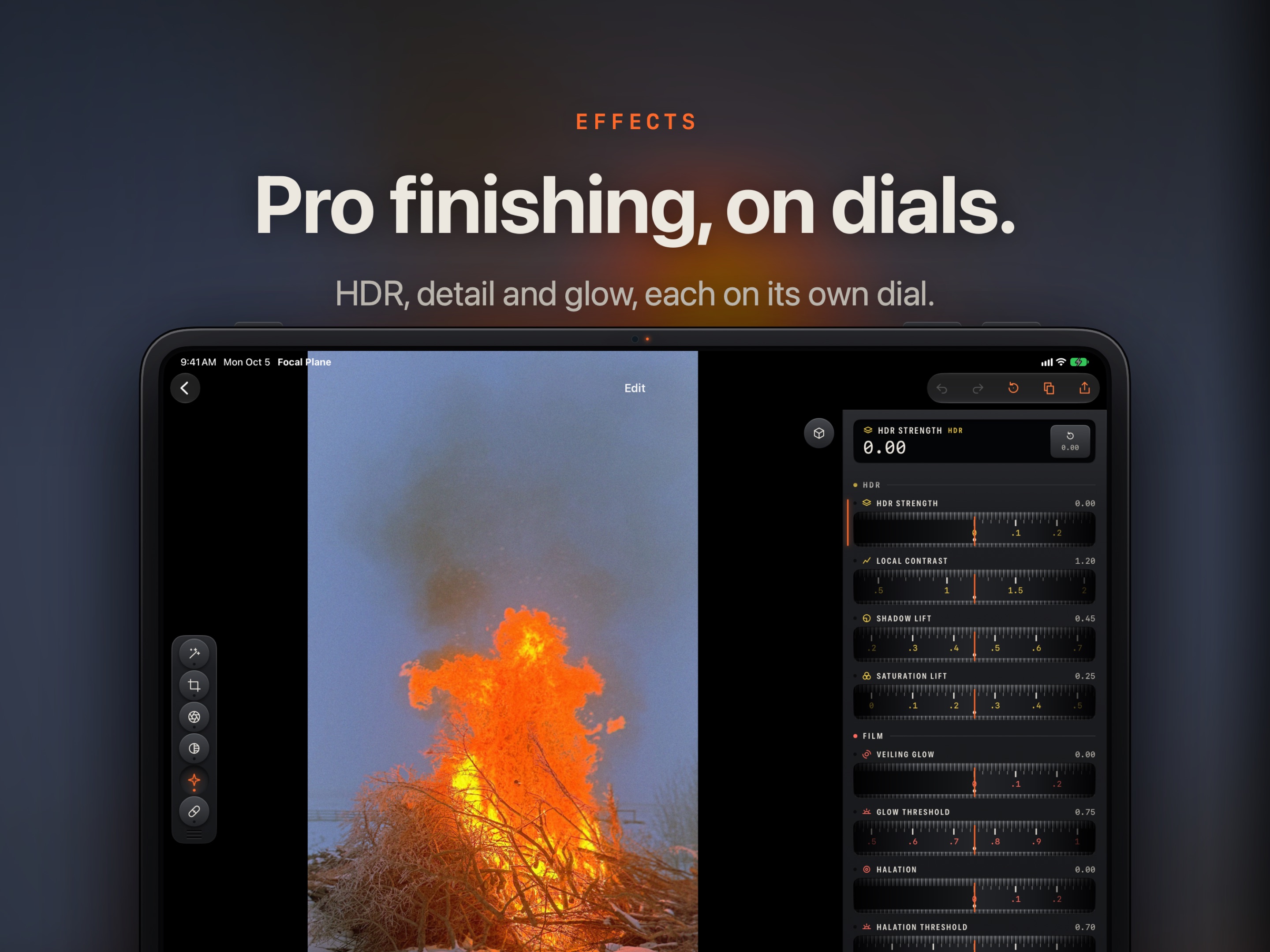 HDR, detail and glow, each on its own dial