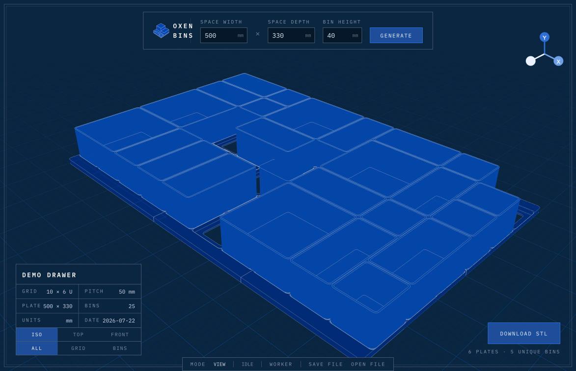 A solved drawer of bins in the Oxen Bins 3D viewport