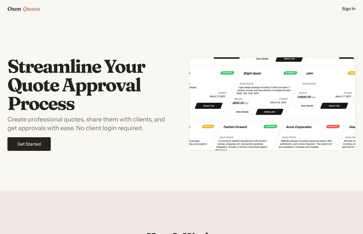 The Oxen Quotes landing page and its quote approval dashboard