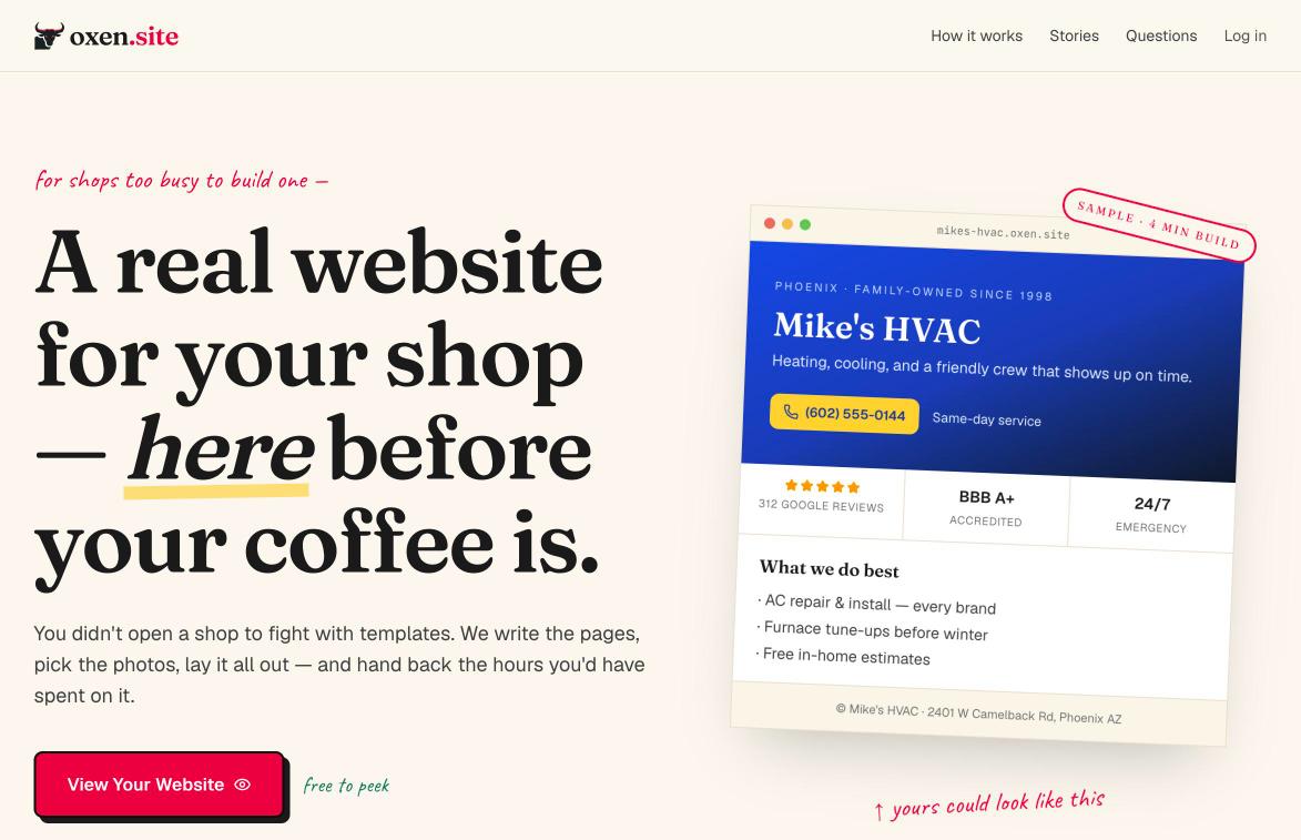 The oxen.site landing page, showing a sample generated shop website